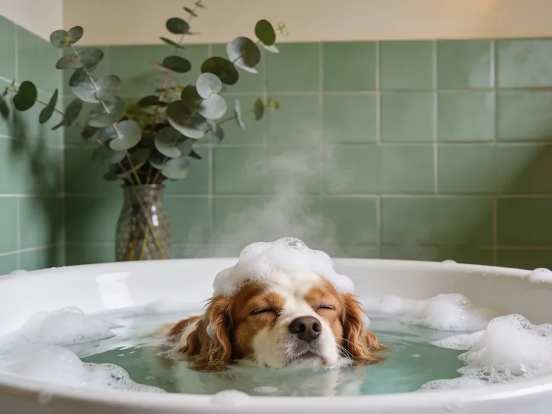 Relaxed cavalier spaniel in a foam bath at Pawfect Grooming, an appointment-only studio